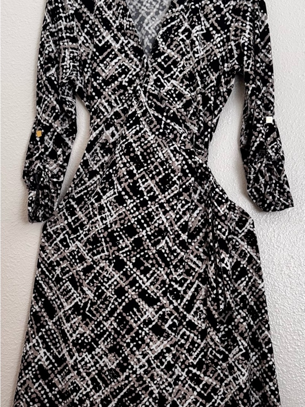 Calvin Klein Black, White & Taupe Printed Long-Sleeve Wrap Dress